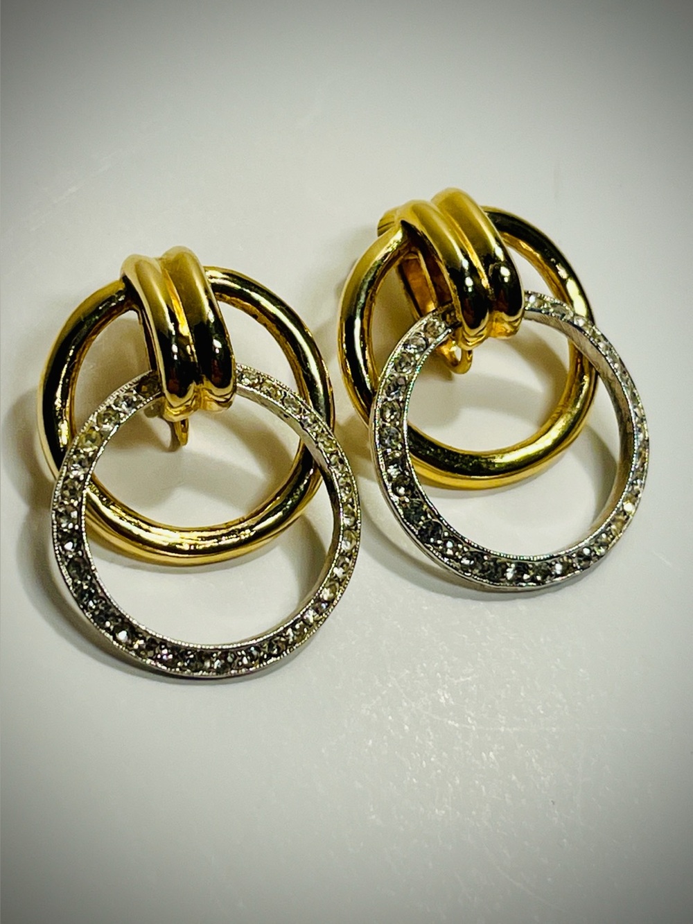 Kenneth Jay Lane Signed Gold & Silver Tone Crystal Door Knocker Clip-on Earrings